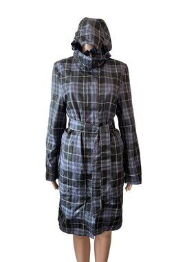 Burberry London Gray Plaid Hooded Belted Waterproof Raincoat Women's Sz L w/COA